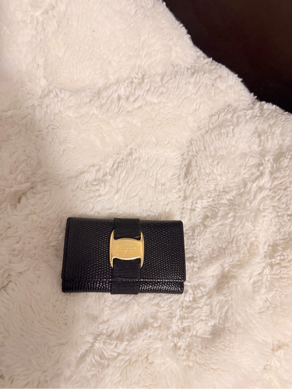 Salvatore Ferragamo Black Textured Leather Card & Key Holder with Gold Gancini